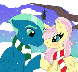 Size: 1039x969 | Tagged: safe, artist:mercyamour, fluttershy, sky stinger, pegasus, pony, blushing, christmas, clothes, couple, eyebrows, female, fluttersky, folded wings, holding hooves, holiday, husband and wife, in love, looking at each other, male, mistletoe, ring, scarf, shipping, snow, snowfall, tree branch, wedding ring, wings