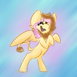 Size: 1000x1000 | Tagged: safe, artist:antimationyt, fluttershy, pegasus, pony, abstract background, animal costume, clothes, costume, eyes closed, female, leonine tail, mare, missing cutie mark, open mouth, rearing, solo, spread wings, three quarter view, wings