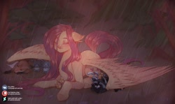 Size: 1280x762 | Tagged: safe, artist:stasikkarasik, fluttershy, bird, fox, pegasus, pony, rabbit, raccoon, animal, eyes closed, rain, spread wings, wings