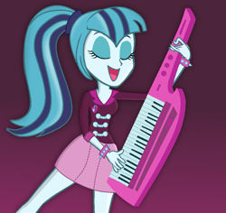 Size: 1029x972 | Tagged: safe, artist:grapefruitface1, artist:inside-our-mind, sonata dusk, equestria girls, base used, bracelet, clothes, eyes closed, gradient background, happy, jewelry, keyboard, keytar, miniskirt, missing accessory, musical instrument, ponytail, skirt, solo