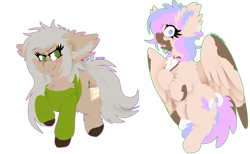 Size: 1024x632 | Tagged: safe, artist:vanillaswirl6, oc, oc only, oc:dee, oc:silver slate, earth pony, pegasus, pony, amputee, bandage, clothes, coat markings, colored hooves, ear piercing, hair accessory, piercing, simple background, surprised, sweater, transparent background