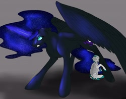 Size: 1280x1001 | Tagged: safe, artist:backlash91, artist:sophiewarrioroflight, nightmare moon, oc, alicorn, bat pony, hybrid, alicorn oc, crying, magic, protecting, younger