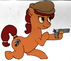 Size: 2614x2236 | Tagged: safe, artist:minus, derpibooru exclusive, oc, oc only, oc:brass bolts, pony, unicorn, colored, cutie mark, ear piercing, earring, female, gun, hairband, handgun, hat, jewelry, kneeling, mare, pencil drawing, piercing, simple background, smiling, solo, tail band, traditional art, weapon, white background