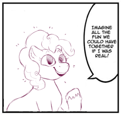 Size: 700x663 | Tagged: safe, artist:happyartfag, pinkie pie, earth pony, pony, /mlp/, 4chan, drawthread, monochrome, ponified, solo, speech bubble, text