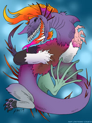 Size: 900x1200 | Tagged: safe, artist:kaemantis, derpibooru import, oc, oc only, oc:chicanery, draconequus, blue background, crack ship offspring, draconequus oc, ear fins, fangs, interspecies offspring, magical gay spawn, monster, offspring, open mouth, parent:discord, parent:steven magnet, paw pads, simple background, solo, tongue out