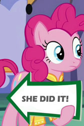 Size: 550x820 | Tagged: safe, edit, edited screencap, screencap, pinkie pie, earth pony, pony, spice up your life, arrow, clothes, cropped, female, holding sign, hoof hold, juxtaposition bait, looking at something, mare, meme, pointing, sign, solo