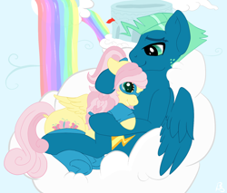 Size: 1498x1275 | Tagged: safe, artist:mercyamour, fluttershy, sky stinger, pegasus, pony, clothes, cloud, cloudsdale, cuddling, cutie mark, eyebrows, female, fluttersky, freckles, glasses, holding each other, hoodie, husband and wife, looking at each other, male, on a cloud, shipping, sitting, sitting on cloud, socks, spread wings, wings