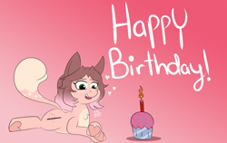 Size: 1896x1195 | Tagged: safe, artist:feralroku, oc, oc only, oc:cinnamon fawn, cupcake, food, gradient background, happy birthday, prone, solo