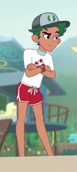 Size: 373x836 | Tagged: safe, derpibooru import, screencap, timber spruce, better together, equestria girls, turf war, cap, clothes, cropped, crossed arms, hat, legs, lifeguard, lifeguard timber, male, shorts, smiling