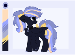 Size: 1956x1440 | Tagged: safe, artist:little-sketches, oc, oc:midnight skyline, pegasus, pony, bow, chest fluff, collar, color palette, ear fluff, eye clipping through hair, female, hair bow, mare, ponytail, reference sheet, simple background, solo, tail bow, white background