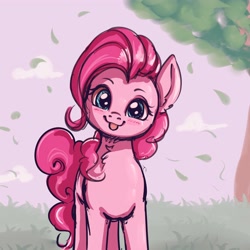 Size: 4000x4000 | Tagged: safe, artist:miokomata, pinkie pie, earth pony, pony, :p, absurd resolution, blushing, chest fluff, female, head tilt, looking at you, mare, smiling, solo, tongue out, tree