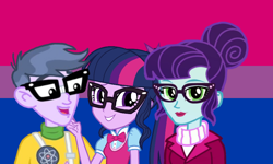 Size: 800x480 | Tagged: safe, artist:3d4d, microchips, rosette nebula, sci-twi, twilight sparkle, equestria girls, bisexual, bisexual pride flag, crack shipping, female, glasses, lesbian, male, microlight, pride, shipping, straight, twinebula