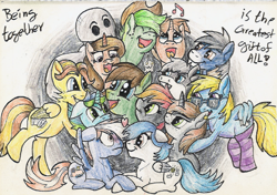 Size: 896x630 | Tagged: safe, artist:stjonal, oc, oc only, oc:cloud cuddler, oc:drawbones, oc:forest, oc:gentle winds, oc:groentje, oc:inkwell saphire, oc:jazzy, oc:silver spark, oc:steam loco, oc:stjonal, earth pony, human, pegasus, unicorn, blushing, boop, clothes, female, glasses, group, group hug, hug, male, mare, owo, pencil drawing, simple background, singing, socks, stallion, striped socks, traditional art, uwu