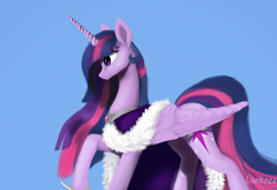 Size: 3400x2322 | Tagged: safe, artist:livitoza, twilight sparkle, twilight sparkle (alicorn), alicorn, pony, blue background, cloak, clothes, female, hoof shoes, mare, older, peytral, profile, signature, simple background, smiling, solo