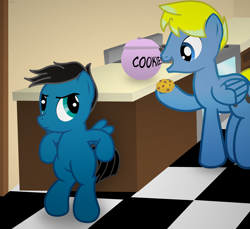 Size: 3600x3300 | Tagged: safe, artist:agkandphotomaker2000, oc, oc:pony video maker, oc:pony video maker's cousin, pegasus, pony, childhood, childhood memories, colt, cookie, cookie jar, food, hiding, kitchen, male, oven, stealth