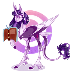 Size: 1914x1894 | Tagged: safe, artist:manella-art, twilight sparkle, twilight sparkle (alicorn), alicorn, classical unicorn, pony, unicorn, abstract background, alternate design, book, cloven hooves, curved horn, horn, leonine tail, solo, unshorn fetlocks