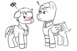 Size: 1024x676 | Tagged: safe, artist:wolftendragon, earth pony, pegasus, pony, robot, android, black and white, blushing, crossover, detroit: become human, embarrassed, gavin reed, gay, grayscale, male, monochrome, nines, ponified, rk900, simple background, stallion, tsundere, video game, white background