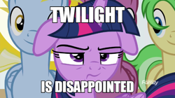 Size: 600x337 | Tagged: safe, derpibooru import, edit, edited screencap, screencap, twilight sparkle, twilight sparkle (alicorn), alicorn, pony, friendship university, caption, disappointed, floppy ears, image macro, meme, text, twilight is not amused, unamused