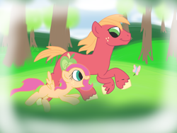 Size: 1024x768 | Tagged: dead source, safe, artist:biosonic100, big macintosh, oc, oc:spring leaf, butterfly, earth pony, pegasus, pony, father and child, father and daughter, female, filly, freckles, male, offspring, parent and child, parent:big macintosh, parent:fluttershy, parents:fluttermac, running, stallion, tree