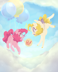 Size: 1500x1852 | Tagged: safe, artist:pastelperyton, pinkie pie, surprise, earth pony, pegasus, pony, g1, balloon, bow, cloud, colored hooves, duo, floating, flying, g1 to g4, generation leap, speech bubble, tail bow, then watch her balloons lift her up to the sky