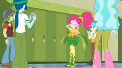 Size: 1600x900 | Tagged: safe, screencap, bright idea, captain planet, pinkie pie, sandalwood, better together, equestria girls, holidays unwrapped, alternate hairstyle, boots, cellphone, corn, cornucopia costumes, food, hallway, leaves, lockers, o come all ye squashful, phone, ponytail, shoes