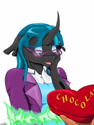 Size: 768x1024 | Tagged: safe, artist:mixdaponies, juniper montage, anthro, changeling, blushing, changelingified, chocolate, disguise, disguised changeling, food, glasses, species swap, transformation