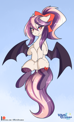 Size: 2011x3284 | Tagged: safe, artist:xwhitedreamsx, derpibooru import, oc, oc only, oc:sweet velvet, bat pony, pony, bat pony oc, bow, clothes, female, hair bow, high res, looking at you, patreon, patreon logo, paywalled alternate version, smiling, socks, solo