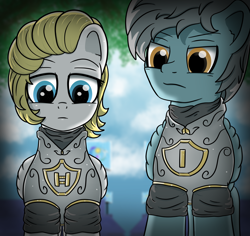 Size: 3700x3500 | Tagged: safe, artist:crimsonsky, angry, annoyed, armor, duo, female, male, mare, sky, stallion