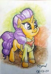 Size: 763x1103 | Tagged: safe, artist:stjonal, saffron masala, pony, unicorn, adorkable, clothes, colorful background, curly hair, curly mane, cute, dork, ear piercing, earring, female, headband, jewelry, mare, orange coat, photo, piercing, purple eyes, saffronbetes, scarf, shirt, simple background, smiling, standing, traditional art, watercolor painting