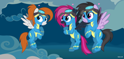 Size: 2250x1080 | Tagged: safe, artist:noah-x3, derpibooru import, oc, oc only, oc:chloe jones, oc:neon flare, oc:sky chase, pegasus, pony, clothes, cloud, female, flying, goggles, mare, uniform, wonderbolts uniform