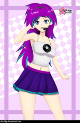 Size: 656x1000 | Tagged: safe, alternate version, artist:clouddg, derpibooru import, oc, oc:ocean breeze, equestria girls, armpits, belly button, blue eyes, clothes, cute, equestria girls-ified, female, headset, human coloration, looking at you, midriff, miniskirt, pleated skirt, signature, skirt, solo, tanktop