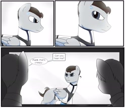 Size: 3600x3100 | Tagged: safe, artist:wolftenpr0nz, pegasus, pony, robot, clothes, comic, comic strip, crossover, detroit: become human, dialogue, fanfic, fanfic art, jacket, male, nines, ponified, profile, rk900, simple background, stallion, trio, video game, vulgar, white background