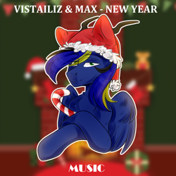 Size: 2000x2000 | Tagged: safe, artist:fraxus, oc, oc only, oc:stail, alicorn, demon, demon pony, original species, candy, cover, demonic horns, dubstep, fireplace, food, hat, horns, live sound, lollipop, male, music, new year, new year hat, new year mood, simple background, smiling, sock, solo, song, sound only, stallion, toy