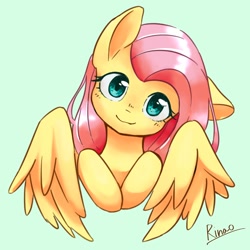 Size: 1222x1222 | Tagged: safe, artist:lp9hsa, fluttershy, pegasus, pony, bust, cute, daaaaaaaaaaaw, ear down, female, full face view, green background, head tilt, hooves to the chest, looking at you, mare, portrait, shyabetes, simple background, smiling, solo