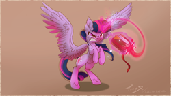 Size: 3840x2160 | Tagged: safe, artist:tony-retro, twilight sparkle, twilight sparkle (alicorn), alicorn, pony, angry, book, glowing horn, gritted teeth, magic, rearing, signature, simple background, solo, spread wings, telekinesis, wings