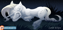 Size: 800x389 | Tagged: safe, artist:a-lunar-eclipse, oc, oc only, oc:lunar eclipse, classical unicorn, pony, unicorn, cloven hooves, dark, ear fluff, eyes closed, leonine tail, night, patreon, patreon logo, sleeping, solo, unshorn fetlocks