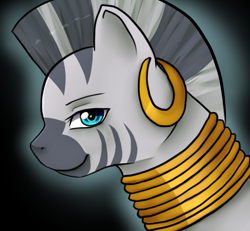 Size: 617x569 | Tagged: safe, artist:ninetail-fox, zecora, zebra, black background, bust, female, lidded eyes, looking at you, mare, simple background, smiling, solo