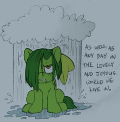 Size: 500x508 | Tagged: safe, artist:lululunabuna, oc, oc:cloverveil, earth pony, pony, cloud, dialogue, rain