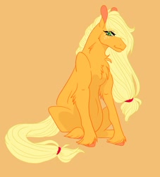 Size: 1024x1129 | Tagged: safe, artist:lunarainbowfarts, applejack, earth pony, pony, chest fluff, female, freckles, looking at you, mare, orange background, preggo jack, pregnant, simple background, sitting, unshorn fetlocks