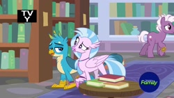 Size: 1920x1080 | Tagged: safe, derpibooru import, screencap, gallus, loganberry, silverstream, classical hippogriff, earth pony, griffon, hippogriff, pony, a matter of principals, book, bookshelf, discovery family logo, duo focus, female, friendship student, library, male, stallion, table