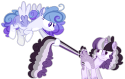 Size: 1591x1006 | Tagged: safe, artist:luqella, oc, oc only, oc:lavender lust, oc:pop rocks, pegasus, pony, unicorn, female, mare, parent:twilight sparkle, parents:canon x oc, simple background, tail feathers, transparent background