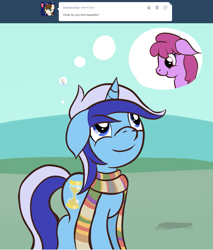 Size: 1015x1193 | Tagged: safe, artist:captainbritish, berry punch, berryshine, minuette, pony, clothes, colgateanswers, filly minuette, scarf, thought bubble, younger