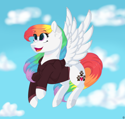 Size: 3336x3184 | Tagged: safe, artist:rainbowpawsarts, oc, oc:rainbow paws, pegasus, pony, clothes, cloud, female, flying, hoodie, mare, sky