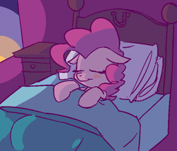 Size: 646x553 | Tagged: safe, anonymous artist, artist:rustydooks, pinkie pie, earth pony, pony, bed, blushing, colored, cute, diapinkes, eyes closed, female, floppy ears, mare, mlpg, nightstand, on back, on bed, pillow, sleeping, solo