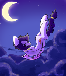 Size: 1250x1440 | Tagged: safe, artist:pomrawr, oc, oc only, bat pony, pony, bat pony oc, cloud, crescent moon, eyes closed, falling, female, mare, moon, night, solo, stars