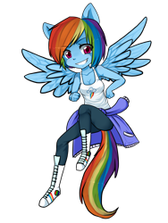 Size: 1200x1600 | Tagged: safe, artist:ninetail-fox, rainbow dash, anthro, pegasus, alternate hairstyle, breasts, chibi, cleavage, clothes, eye clipping through hair, female, looking at you, pants, shoes, simple background, smiling, solo, spread wings, sweatshirt, tanktop, transparent background, wings