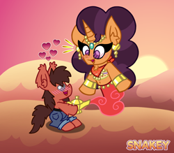 Size: 878x768 | Tagged: safe, artist:snakeythingy, saffron masala, oc, oc:sketchy dupe, genie pony, pony, blushing, canon x oc, desert, genie, heart eyes, kurta, magic lamp, monster mare, sketchffron, story included, wingding eyes