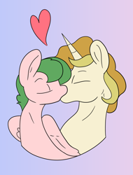 Size: 1600x2100 | Tagged: safe, artist:marcibel, artist:smirk, oc, oc only, oc:divo soprano, oc:libby belle, pegasus, pony, unicorn, bust, eyes closed, female, gradient mane, heart, kissing, libdivo, male, mare, oc x oc, shipping, stallion, straight