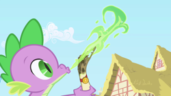 Size: 1280x720 | Tagged: safe, screencap, spike, dragon, baby, baby dragon, cloud, dragon mail, fire, green fire, letter, opening, ponyville, sky, solo, theme song