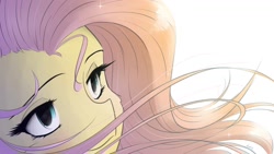 Size: 1192x670 | Tagged: safe, artist:maneingreen, fluttershy, pegasus, pony, backlighting, bust, cheek fluff, cute, female, looking away, mare, portrait, shyabetes, smiling, solo, sparkles, stray strand, three quarter view, windswept mane